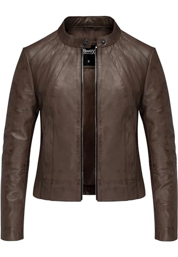 REPUBLIX Damen Echtleder Jacke Biker Zipper Lederjacke RJ-8004 Dunkelbraun L von REPUBLIX