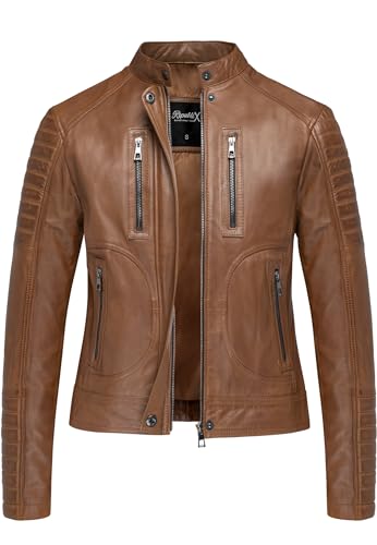 REPUBLIX Damen Echtleder Jacke Biker Zipper Lederjacke RJ-8005 Cognac XS von REPUBLIX