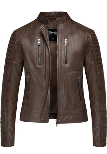 REPUBLIX Damen Echtleder Jacke Biker Zipper Lederjacke RJ-8005 Dunkelbraun M von REPUBLIX