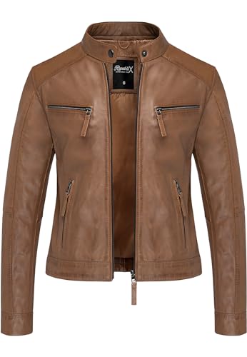 REPUBLIX Damen Echtleder Jacke Biker Zipper Lederjacke RJ-8006 Cognac XS von REPUBLIX
