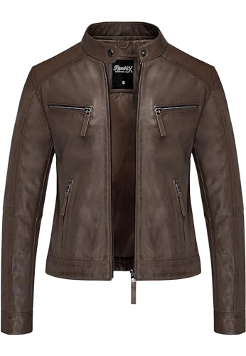 REPUBLIX Damen Echtleder Jacke Biker Zipper Lederjacke RJ-8006 Dunkelbraun XS von REPUBLIX