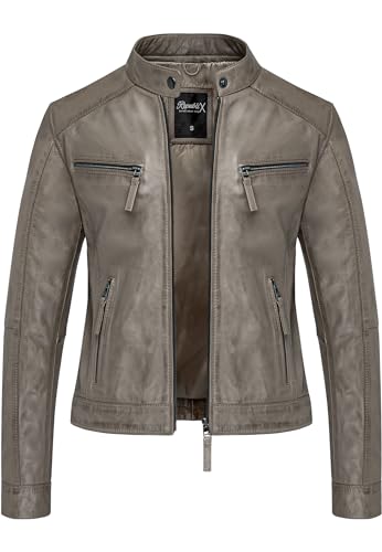 REPUBLIX Damen Echtleder Jacke Biker Zipper Lederjacke RJ-8008 Grau 3XL von REPUBLIX