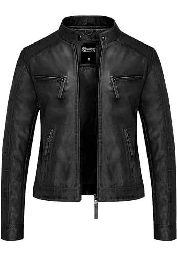 REPUBLIX Damen Echtleder Jacke Biker Zipper Lederjacke RJ-8008 Schwarz 3XL von REPUBLIX