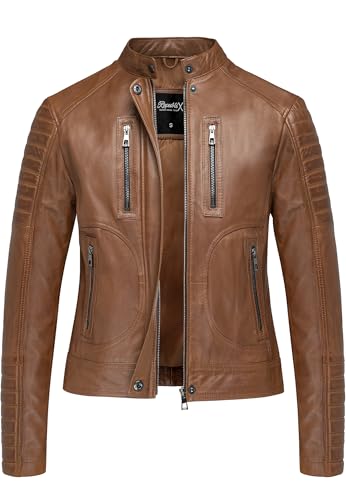 REPUBLIX Damen Echtleder Jacke Biker Zipper Lederjacke RJ-8009 Cognac L von REPUBLIX