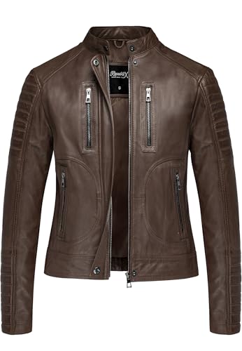 REPUBLIX Damen Echtleder Jacke Biker Zipper Lederjacke RJ-8009 Dunkelbraun XXL von REPUBLIX