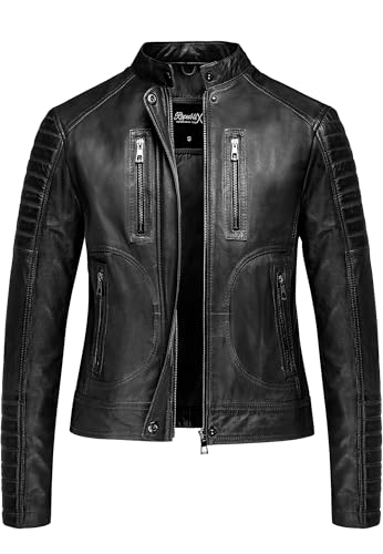 REPUBLIX Damen Echtleder Jacke Biker Zipper Lederjacke RJ-8009 Schwarz XL von REPUBLIX