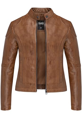 REPUBLIX Damen Echtleder Jacke Biker Zipper Lederjacke RJ-8010 Cognac 3XL von REPUBLIX