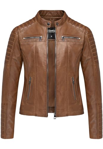 REPUBLIX Damen Echtleder Jacke Biker Zipper Lederjacke RJ-8011 Cognac 3XL von REPUBLIX