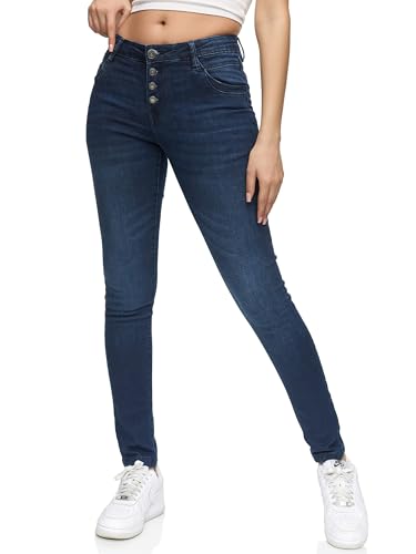 REPUBLIX Damen Knopf Mid Waist Skinny-Fit Stretch Denim Jeans RJ-1004 Dunkelblau 38 von REPUBLIX