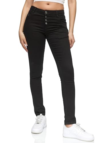 REPUBLIX Damen Knopf Mid Waist Skinny-Fit Stretch Denim Jeans RJ-1004 Schwarz 42 von REPUBLIX
