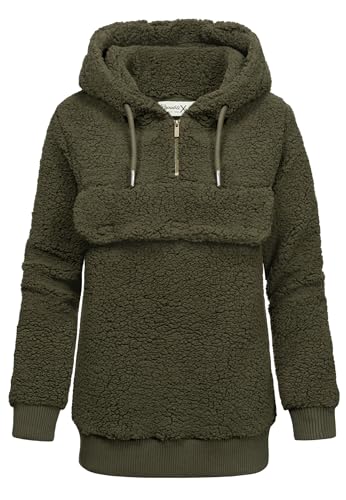 REPUBLIX Damen Teddy Sweatjacke Plüsch Hoodie Pullover Windbreaker RD-012 Khaki L von REPUBLIX