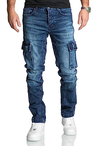 REPUBLIX Herren Cargo Jeans Regular Slim Denim Hose Destroyed R7977 Dunkelblau W30/L30 von REPUBLIX