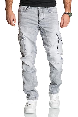 REPUBLIX Herren Cargo Jeans Regular Slim Denim Hose Destroyed R7977 Grau W30/L32 von REPUBLIX