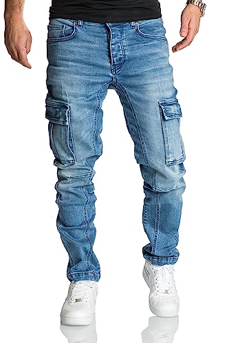 REPUBLIX Herren Cargo Jeans Regular Slim Denim Hose Destroyed R7977 Hellblau W31/L30 von REPUBLIX