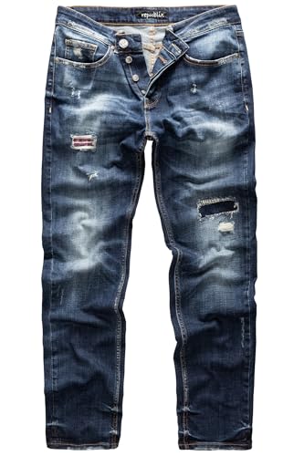REPUBLIX Herren Jeans Regular Straight Fit Denim Hose Destroyed Dunkelblau (Patches) W32/L34 von REPUBLIX