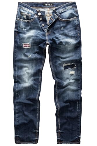 REPUBLIX Herren Jeans Regular Straight Fit Denim Hose Destroyed Dunkelblau (Patches) W40/L30 von REPUBLIX