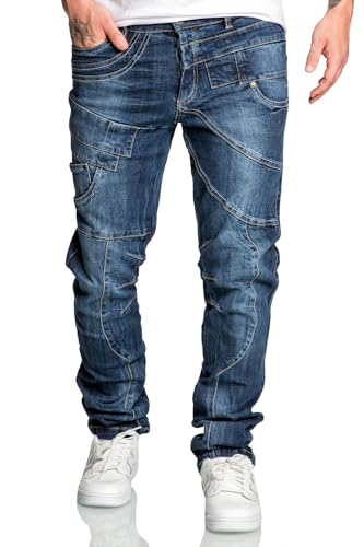 REPUBLIX Herren Männer Regular Straight Fit Destroyed Design Jeans Hose R7029 Dunkelblau W33/L32 von REPUBLIX