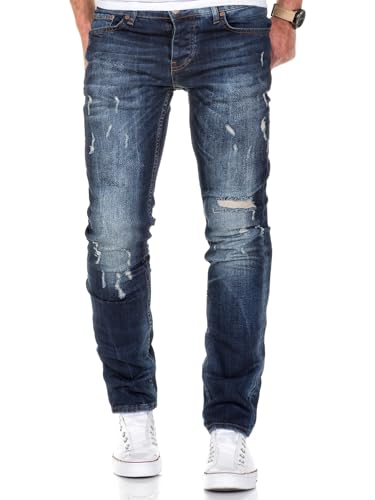 REPUBLIX Herren Männer Regular Straight Fit Destroyed Jeans Hose R7500 Dunkelblau W38/L30 von REPUBLIX