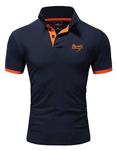 REPUBLIX Herren Poloshirt Basic Kontrast Stickerei Kragen Kurzarm Polohemd T-Shirt R-0056 Navyblau/Orange 3XL von REPUBLIX