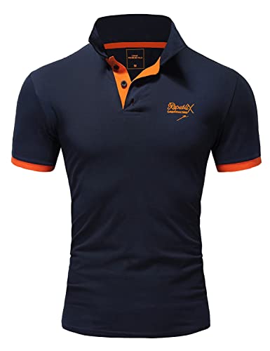 REPUBLIX Herren Poloshirt Basic Kontrast Stickerei Kragen Kurzarm Polohemd T-Shirt R-0056 Navyblau/Orange S von REPUBLIX