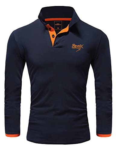 REPUBLIX Herren Poloshirt Basic Kontrast Stickerei Kragen Langarm Polohemd T-Shirt R-0057 Navyblau/Orange 3XL von REPUBLIX