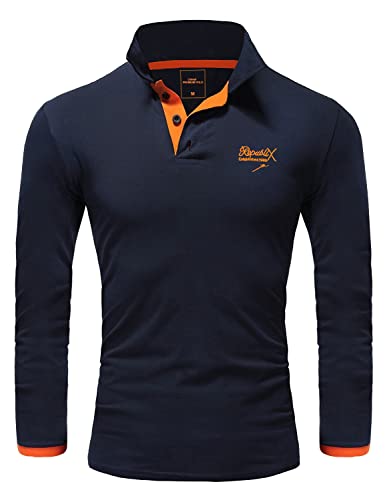 REPUBLIX Herren Poloshirt Basic Kontrast Stickerei Kragen Langarm Polohemd T-Shirt R-0057 Navyblau/Orange S von REPUBLIX