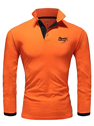 REPUBLIX Herren Poloshirt Basic Kontrast Stickerei Kragen Langarm Polohemd T-Shirt R-0057 Orange/Schwarz L von REPUBLIX