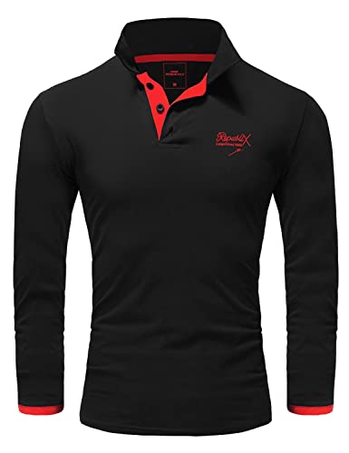 REPUBLIX Herren Poloshirt Basic Kontrast Stickerei Kragen Langarm Polohemd T-Shirt R-0057 Schwarz/Rot 3XL von REPUBLIX