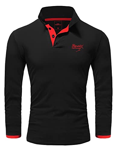 REPUBLIX Herren Poloshirt Basic Kontrast Stickerei Kragen Langarm Polohemd T-Shirt R-0057 Schwarz/Rot L von REPUBLIX