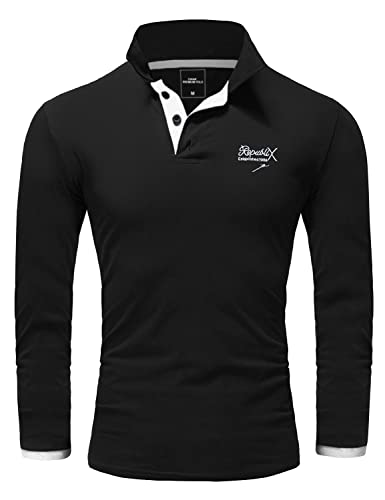 REPUBLIX Herren Poloshirt Basic Kontrast Stickerei Kragen Langarm Polohemd T-Shirt R-0057 Schwarz/Weiß 3XL von REPUBLIX