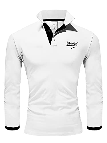 REPUBLIX Herren Poloshirt Basic Kontrast Stickerei Kragen Langarm Polohemd T-Shirt R-0057 Weiß/Schwarz M von REPUBLIX