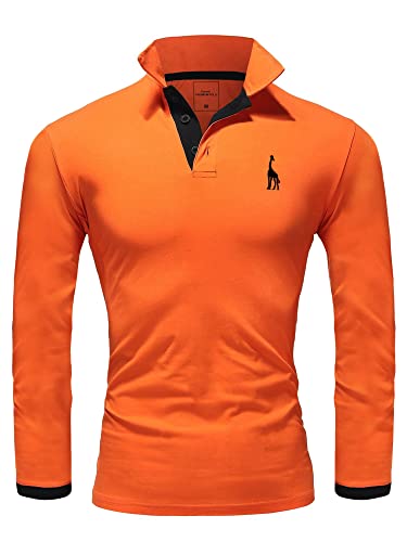 REPUBLIX Herren Poloshirt Basic Kontrast Stickerei Kragen Langarm Polohemd T-Shirt R-0059 Orange/Schwarz 3XL von REPUBLIX