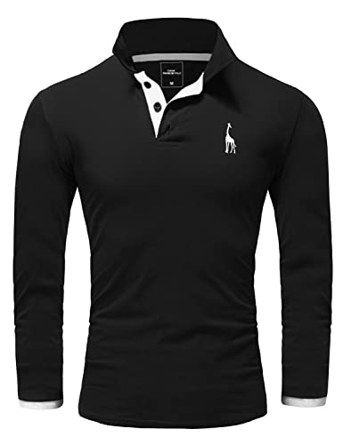 REPUBLIX Herren Poloshirt Basic Kontrast Stickerei Kragen Langarm Polohemd T-Shirt R-0059 Schwarz/Weiß 4XL von REPUBLIX
