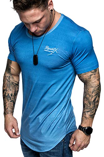 REPUBLIX Oversize Herren Crew Neck Body-Fit Waterfall Design Shirt Sommer T-Shirt Rundhals-Ausschnitt R-0037 Royalblau/Türkis S von REPUBLIX