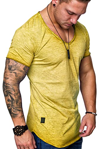 REPUBLIX Oversize Herren Vintage T-Shirt V-Neck Basic V-Ausschnitt Shirt R0608 Gelb 3XL von REPUBLIX