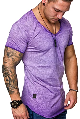 REPUBLIX Oversize Herren Vintage T-Shirt V-Neck Basic V-Ausschnitt Shirt R0608 Lila L von REPUBLIX