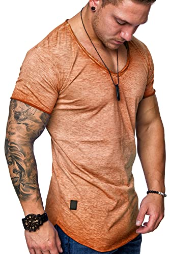 REPUBLIX Oversize Herren Vintage T-Shirt V-Neck Basic V-Ausschnitt Shirt R0608 Orange M von REPUBLIX