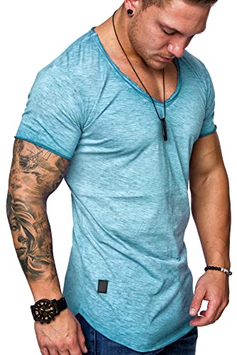 REPUBLIX Oversize Herren Vintage T-Shirt V-Neck Basic V-Ausschnitt Shirt R0608 Türkis L von REPUBLIX