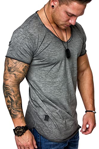 REPUBLIX Oversize Herren Vintage T-Shirt Verwaschen V-Neck Basic V-Ausschnitt Shirt R0634 Anthrazit 3XL von REPUBLIX