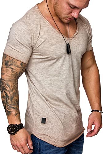 REPUBLIX Oversize Herren Vintage T-Shirt Verwaschen V-Neck Basic V-Ausschnitt Shirt R0634 Beige 3XL von REPUBLIX