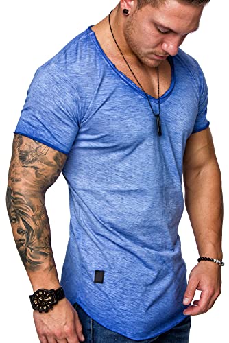 REPUBLIX Oversize Herren Vintage T-Shirt Verwaschen V-Neck Basic V-Ausschnitt Shirt R0634 Blau 3XL von REPUBLIX