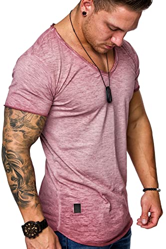 REPUBLIX Oversize Herren Vintage T-Shirt Verwaschen V-Neck Basic V-Ausschnitt Shirt R0634 Bordeaux 3XL von REPUBLIX