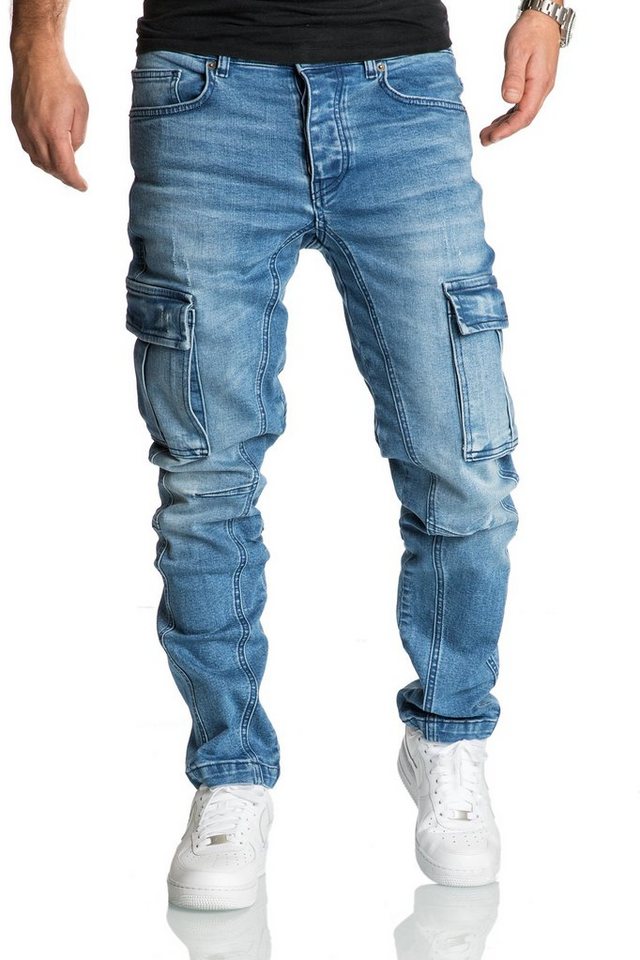 REPUBLIX Straight-Jeans Jeans Hose Herren Regular Fit Denim Cargo Jeans Hose von REPUBLIX