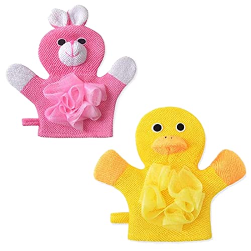 2 Stück Baby Bade Handschuhe im Schönen Tierstil, Waschhandschuh, Waschlappen u. Handpuppe mit Tiermotiven, fröhlichen Badespaß für Babys und Kinder ab 0 Jahren, Kinderwaschlappen weich von REQAG