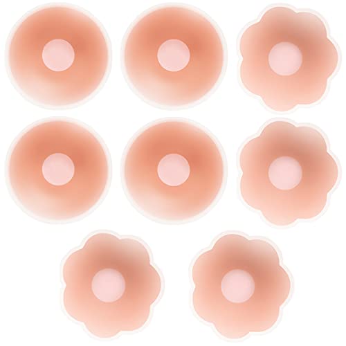 4 Paare Damen Nippel Covers Ultra Dünne Unsichtbare Pasties Wiederverwendbare Selbstklebende Silikonhülle Unsichtbare Nippelabdeckung wasserdichte Brust Aufkleber Nippel Cover Nippelpads- Round&Flower von REQAG