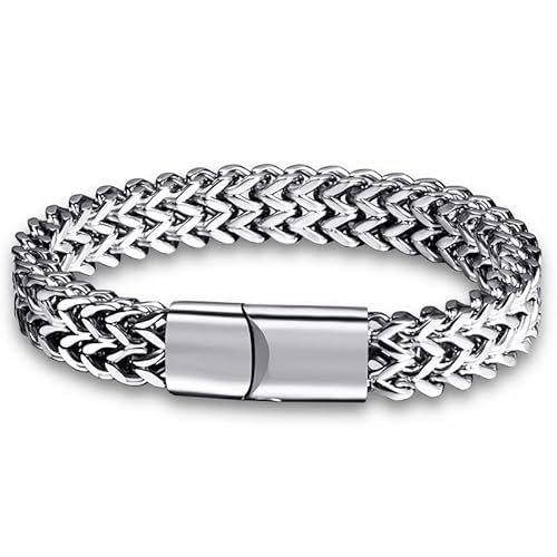 Armkette Herren Edelstahl, Herren Armband Panzerkette für Männer, Schwer Glieder Cuban Link Armband, Armreif Hip Hop Rapper Modeschmuck, Armband für Herren Armband Kette mit Magnetschnalle (Silber) von REQAG