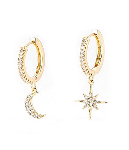 GOLD Hängende Ohrringe CZ Creolen Mond und Stern Mit Anhänger - Asymmetrische Cartilage Huggie Ohrringe für Damen, Premium, Hautverträgliche & Wasserfeste Ohrstecker von REQAG