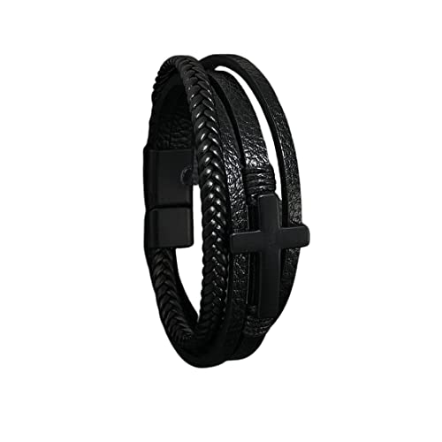 Kreuz Leder Armband, Cross Bracelet, Magnetverschluss, Herren Armband Edelstahl Echtleder Armband Naturstein Geflochten Mit Magnet Verschluss, Premium Echtlederarmband für Männer, Tolle Geschenkidee von REQAG