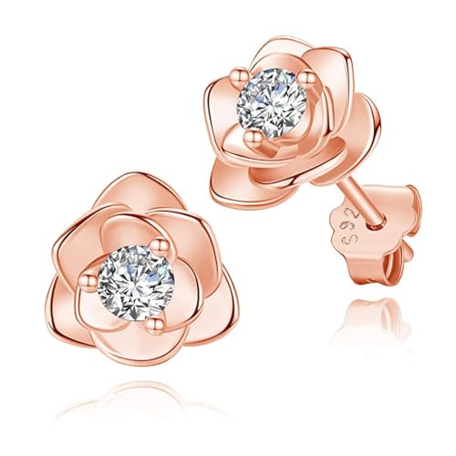 Ohrstecker Silber 925 Klein Rose Blumen mit Zirkonia Silber Gold Rosegold Ohrringe für Damen Mädchen, 1 Paar Ohrringe Silber Zierliche Knorpel Tragus Helix(Roségold) von REQAG