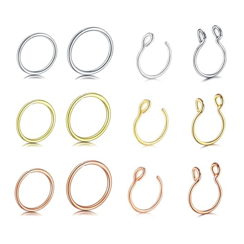 REQAG 12 Stk 20G 8mm Nasenpiercings Fake Nasenring Edelstahl Fake Piercings Nase Face Piercing Nase Lippe Ohr Ring Hoop für Männer Damen von REQAG